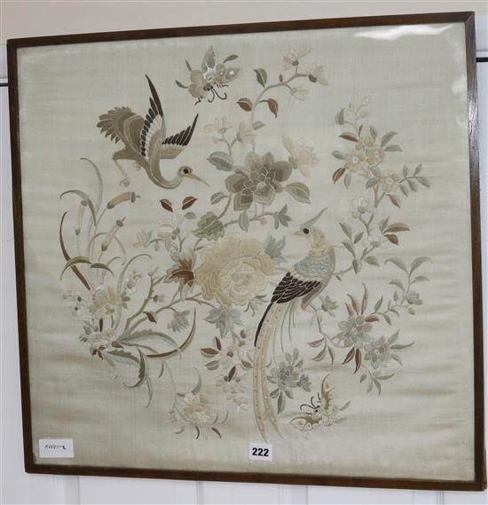 A Chinese embroidered silk bird panel width 60cm height 56cm